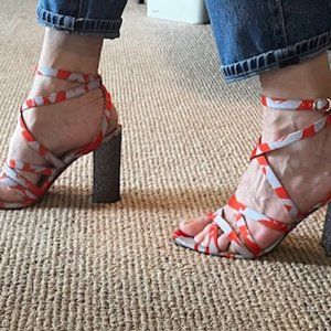 JCrew strappy floral sandals with silvery heels